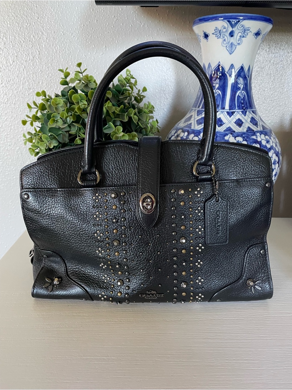 COACH Mercer 30 Satchel Bandana Rivets BLACK Pebble Leather (No Strap)